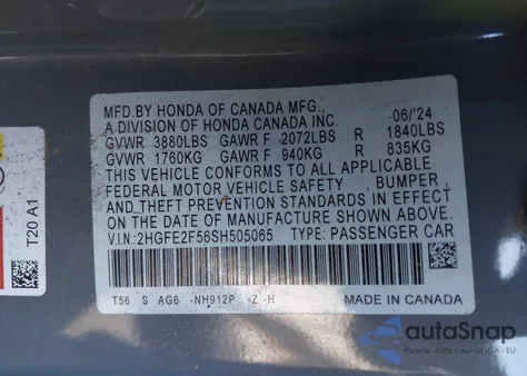 2025 Honda Civic Sport from USA, damaged, VIN 2HGFE2F56SH505065